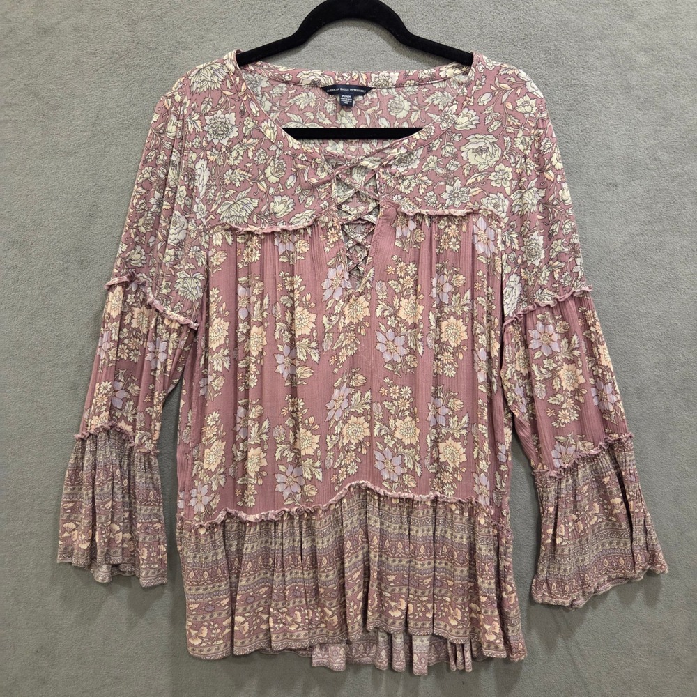 American‎ Eagle Floral Blouse Women's Medium Boho Lace Up Tiered Bell Sleeve